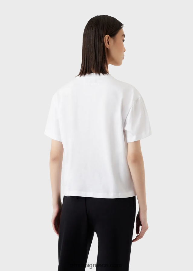 γυναίκες Armani μεσαίο μπλουζάκι από οργανικό ζέρσεϊ με στάμπα πουκάμισου και κέντημα από κοντά 4046R6436 άσπρο