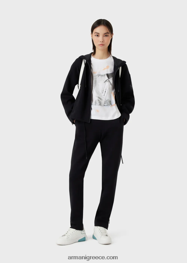 γυναίκες Armani μεσαίο μπλουζάκι από οργανικό ζέρσεϊ με στάμπα πουκάμισου και κέντημα από κοντά 4046R6436 άσπρο