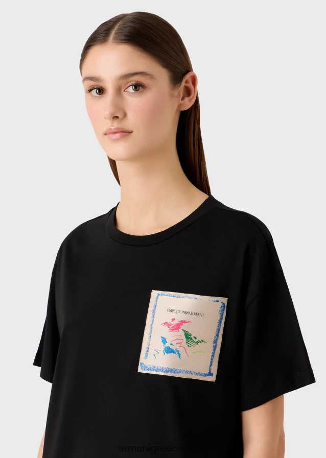 γυναίκες Armani ελαφρύ μπλουζάκι από βιολογικό ζέρσεϊ με λογότυπο της συλλογής 4046R6439 μαύρος