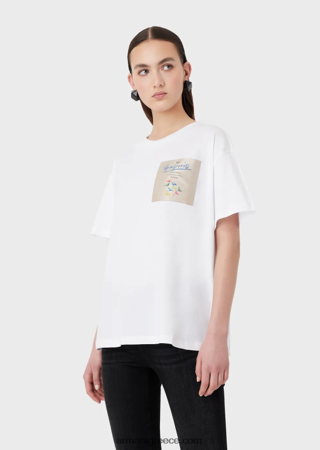 γυναίκες Armani ελαφρύ μπλουζάκι από βιολογικό ζέρσεϊ με λογότυπο της συλλογής 4046R6440 άσπρο