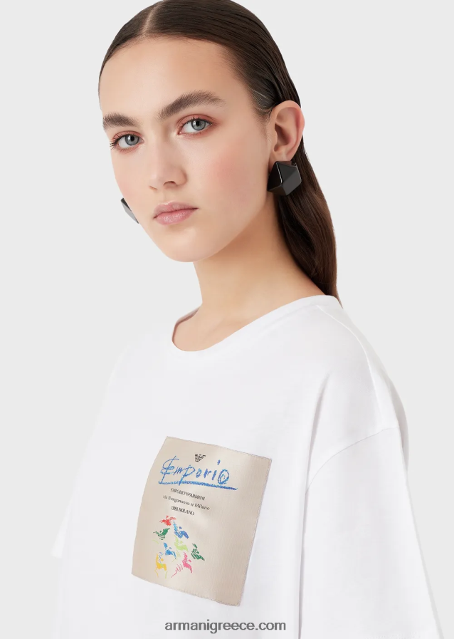 γυναίκες Armani ελαφρύ μπλουζάκι από βιολογικό ζέρσεϊ με λογότυπο της συλλογής 4046R6440 άσπρο