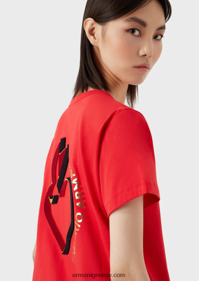 γυναίκες Armani μπλουζάκι ζέρσεϊ με κουνέλι μεγάλου μεγέθους 4046R6447 το κόκκινο