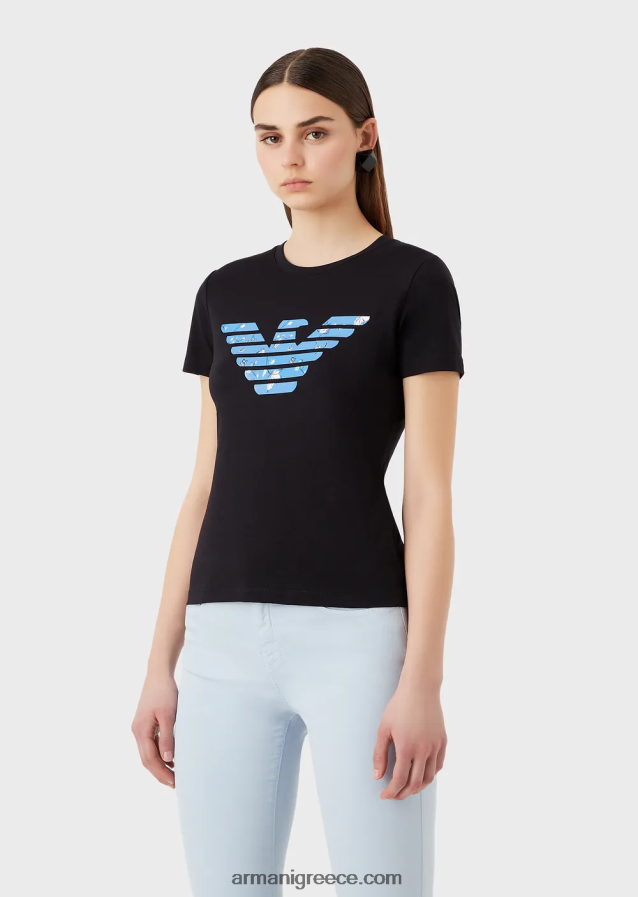 γυναίκες Armani μπλουζάκι στρετ με μοτίβο αετού μεγάλου μεγέθους 4046R6459 ναυτικό μπλε