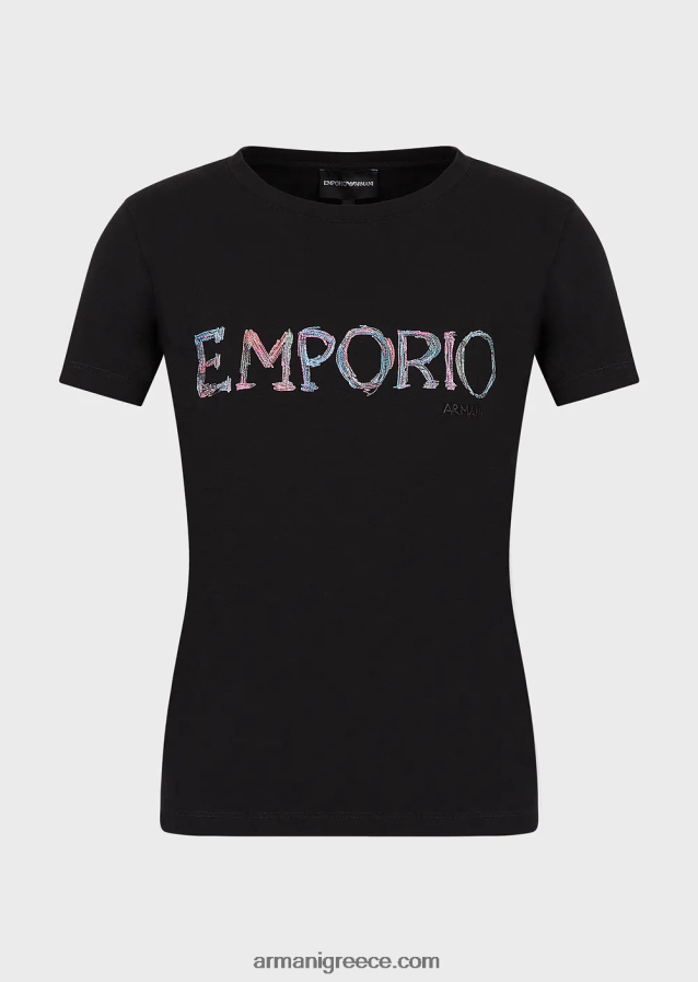 γυναίκες Armani βιολογικό μπλουζάκι ελαστικό ζέρσεϊ με πολύχρωμο κέντημα με λογότυπο 4046R6460 μαύρος