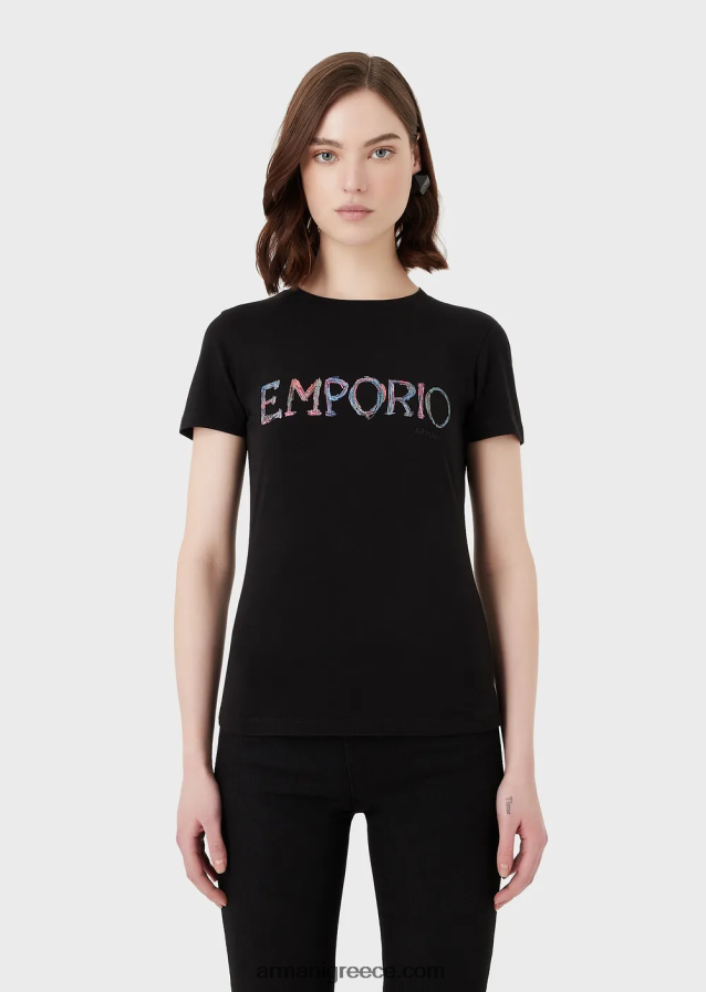 γυναίκες Armani βιολογικό μπλουζάκι ελαστικό ζέρσεϊ με πολύχρωμο κέντημα με λογότυπο 4046R6460 μαύρος