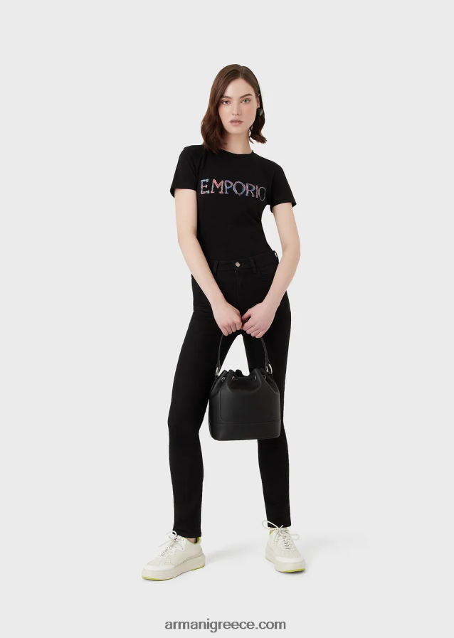 γυναίκες Armani βιολογικό μπλουζάκι ελαστικό ζέρσεϊ με πολύχρωμο κέντημα με λογότυπο 4046R6460 μαύρος