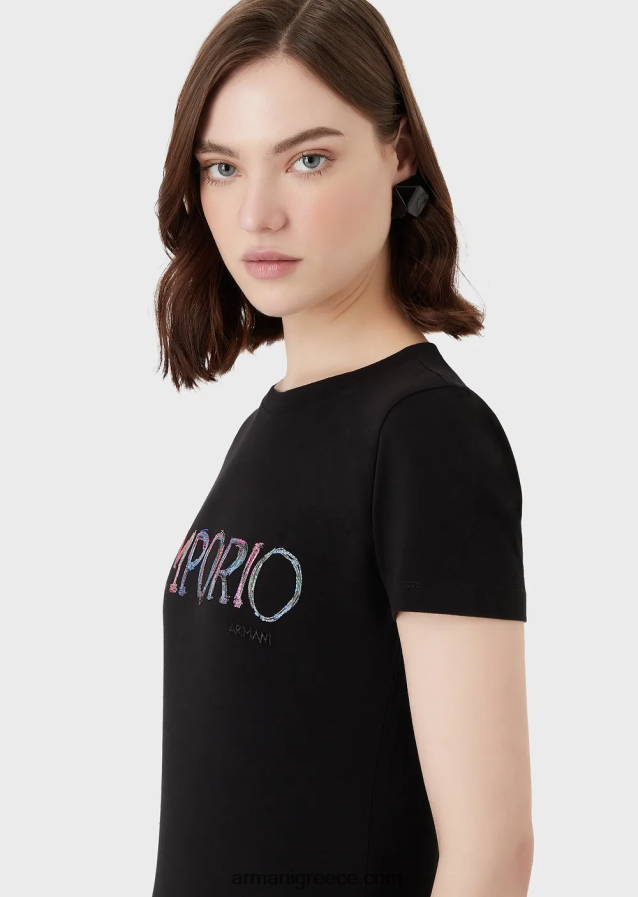 γυναίκες Armani βιολογικό μπλουζάκι ελαστικό ζέρσεϊ με πολύχρωμο κέντημα με λογότυπο 4046R6460 μαύρος