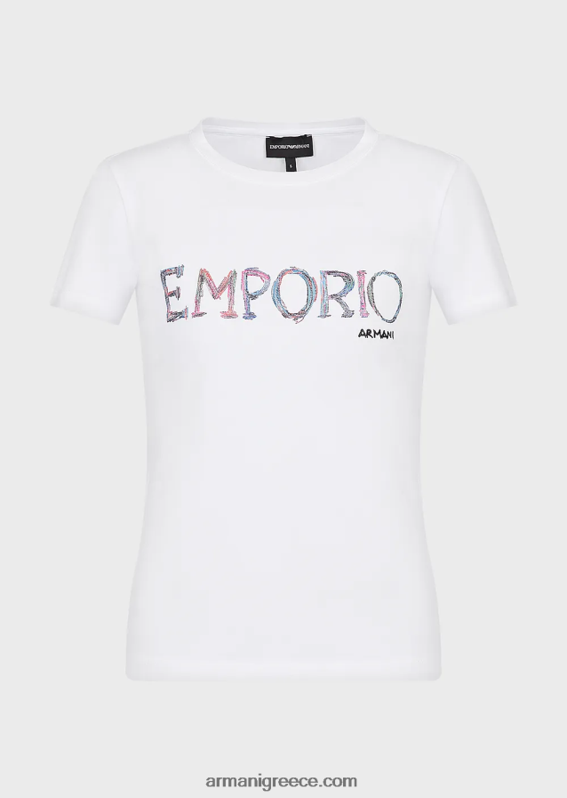 γυναίκες Armani βιολογικό μπλουζάκι ελαστικό ζέρσεϊ με πολύχρωμο κέντημα με λογότυπο 4046R6461 άσπρο