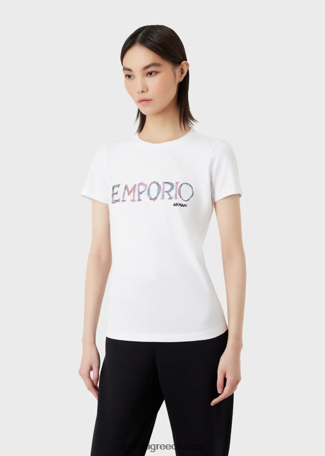 γυναίκες Armani βιολογικό μπλουζάκι ελαστικό ζέρσεϊ με πολύχρωμο κέντημα με λογότυπο 4046R6461 άσπρο