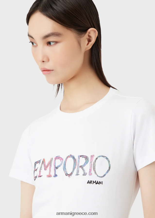 γυναίκες Armani βιολογικό μπλουζάκι ελαστικό ζέρσεϊ με πολύχρωμο κέντημα με λογότυπο 4046R6461 άσπρο