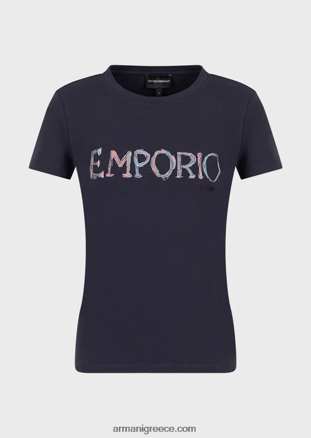 γυναίκες Armani βιολογικό μπλουζάκι ελαστικό ζέρσεϊ με πολύχρωμο κέντημα με λογότυπο 4046R6462 μπλε