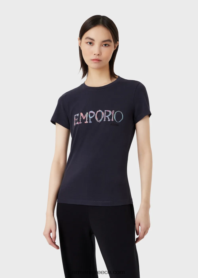 γυναίκες Armani βιολογικό μπλουζάκι ελαστικό ζέρσεϊ με πολύχρωμο κέντημα με λογότυπο 4046R6462 μπλε
