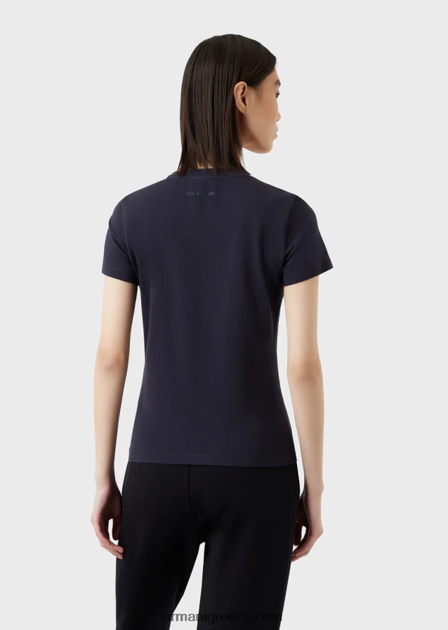 γυναίκες Armani βιολογικό μπλουζάκι ελαστικό ζέρσεϊ με πολύχρωμο κέντημα με λογότυπο 4046R6462 μπλε