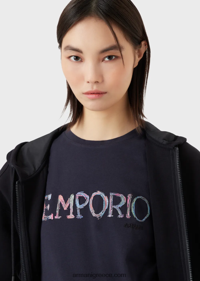 γυναίκες Armani βιολογικό μπλουζάκι ελαστικό ζέρσεϊ με πολύχρωμο κέντημα με λογότυπο 4046R6462 μπλε