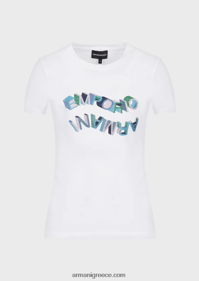 γυναίκες Armani βιολογικό μπλουζάκι στρετς με πολύχρωμο λογότυπο από στρας 4046R6463 άσπρο