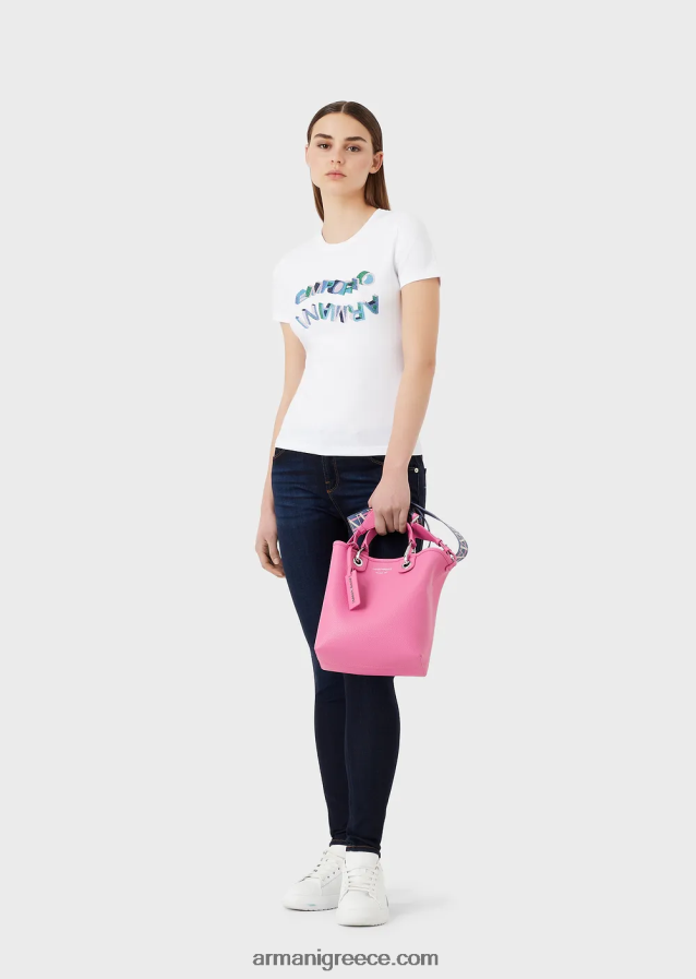 γυναίκες Armani βιολογικό μπλουζάκι στρετς με πολύχρωμο λογότυπο από στρας 4046R6463 άσπρο