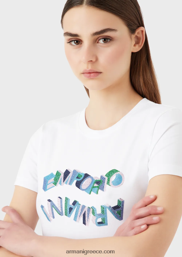 γυναίκες Armani βιολογικό μπλουζάκι στρετς με πολύχρωμο λογότυπο από στρας 4046R6463 άσπρο