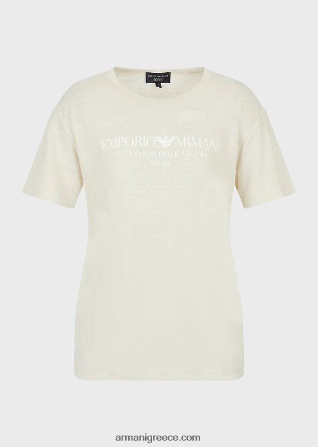 γυναίκες Armani Μπλουζάκι ζέρσεϊ από λινό μείγμα με λογότυπο 4046R6467 μπεζ
