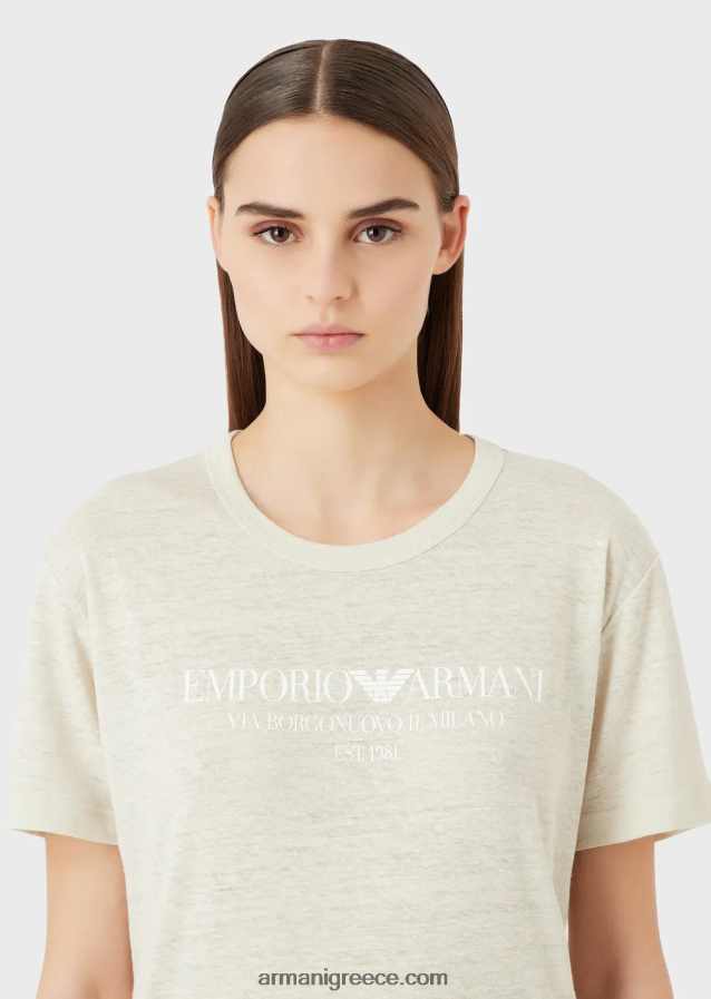 γυναίκες Armani Μπλουζάκι ζέρσεϊ από λινό μείγμα με λογότυπο 4046R6467 μπεζ