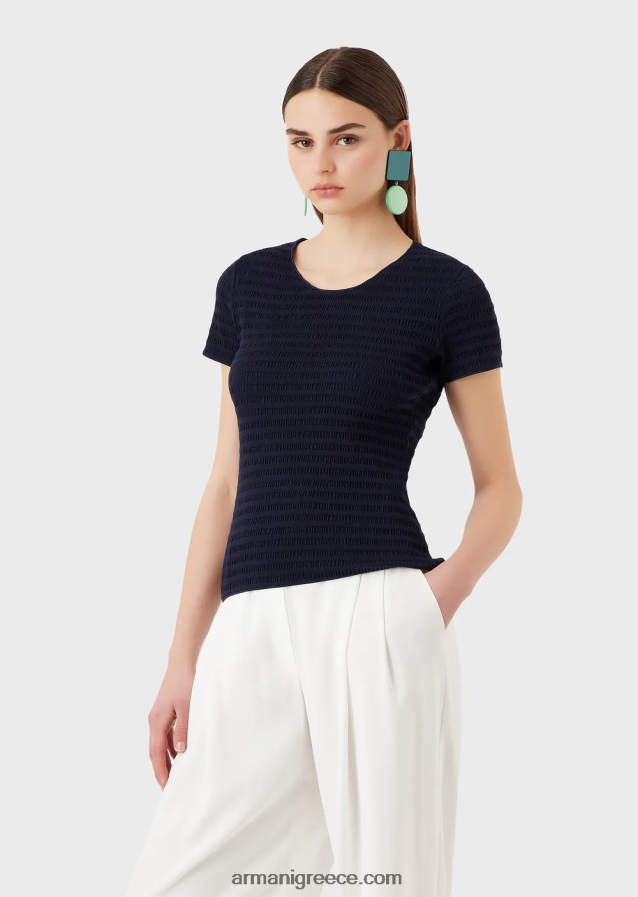 γυναίκες Armani κοντομάνικο τζάμπα σε βιολογικό ανάγλυφο ζέρσεϊ ζακάρ 4046R6473 ναυτικό μπλε