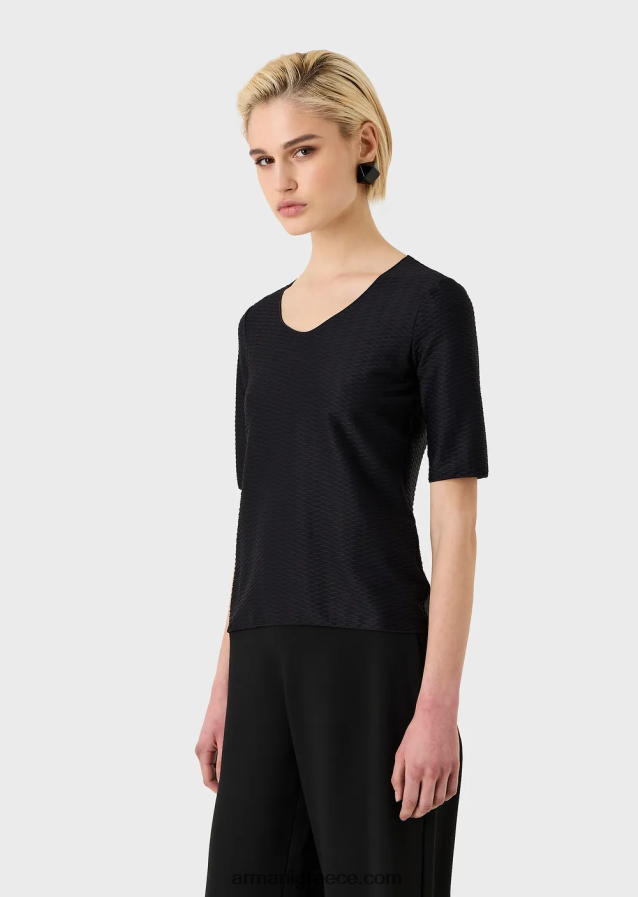 γυναίκες Armani ελαστικό ζακάρ νάιλον βραχυκυκλωτήρα με λαιμόκοψη 4046R6478 μαύρος