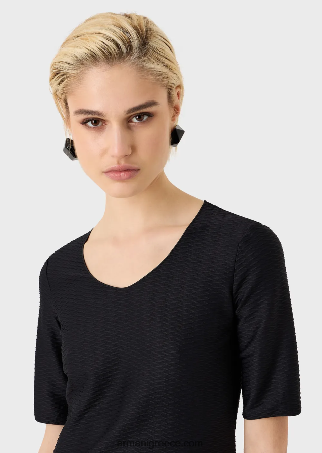 γυναίκες Armani ελαστικό ζακάρ νάιλον βραχυκυκλωτήρα με λαιμόκοψη 4046R6478 μαύρος