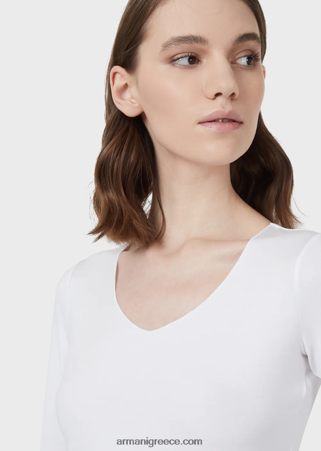 γυναίκες Armani Ζέρσεϊ πουκάμισο από βισκόζη με μανίκια μήκους τριών τετάρτων 4046R6480 άσπρο