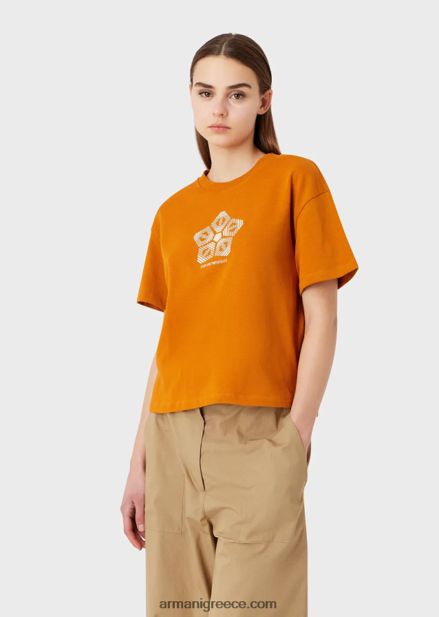 γυναίκες Armani βιολογικό αμερικάνικο μπλουζάκι με στάμπα βιώσιμης συλλογής 4046R6482 πορτοκάλι
