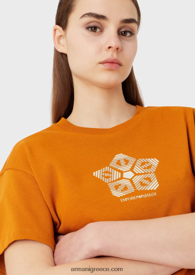 γυναίκες Armani βιολογικό αμερικάνικο μπλουζάκι με στάμπα βιώσιμης συλλογής 4046R6482 πορτοκάλι