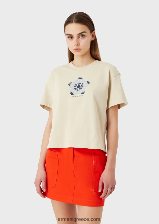 γυναίκες Armani βιολογικό αμερικάνικο μπλουζάκι με στάμπα βιώσιμης συλλογής 4046R6483 μπεζ