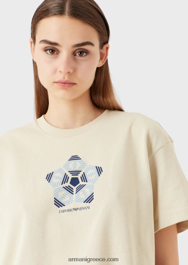 γυναίκες Armani βιολογικό αμερικάνικο μπλουζάκι με στάμπα βιώσιμης συλλογής 4046R6483 μπεζ
