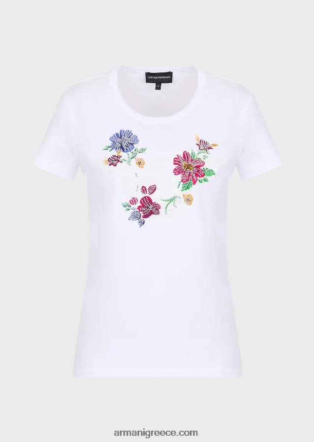 γυναίκες Armani μπλουζάκι ζέρσεϊ με υπερμεγέθη λαστιχένιο αετό και κέντημα με χάντρες 4046R6490 άσπρο