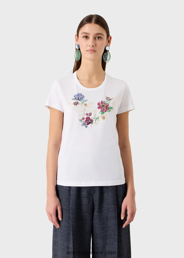 γυναίκες Armani μπλουζάκι ζέρσεϊ με υπερμεγέθη λαστιχένιο αετό και κέντημα με χάντρες 4046R6490 άσπρο