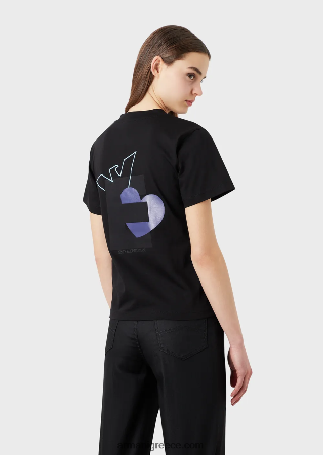 γυναίκες Armani βιολογικό μπλουζάκι ελαστικό ζέρσεϊ με υπερμεγέθη e patch και στάμπα 4046R6464 μαύρος