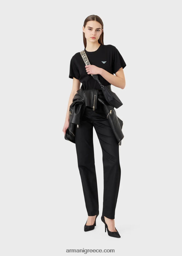 γυναίκες Armani βιολογικό μπλουζάκι ελαστικό ζέρσεϊ με υπερμεγέθη e patch και στάμπα 4046R6464 μαύρος