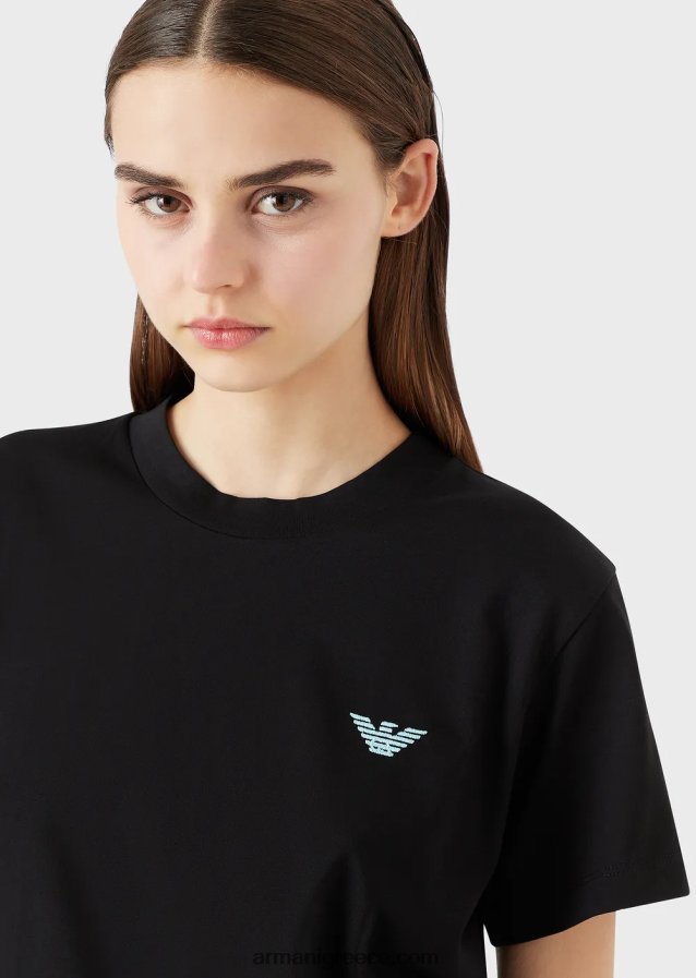 γυναίκες Armani βιολογικό μπλουζάκι ελαστικό ζέρσεϊ με υπερμεγέθη e patch και στάμπα 4046R6464 μαύρος