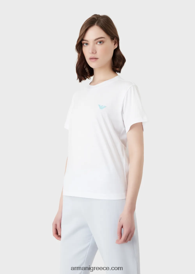 γυναίκες Armani βιολογικό μπλουζάκι ελαστικό ζέρσεϊ με υπερμεγέθη e patch και στάμπα 4046R6465 άσπρο