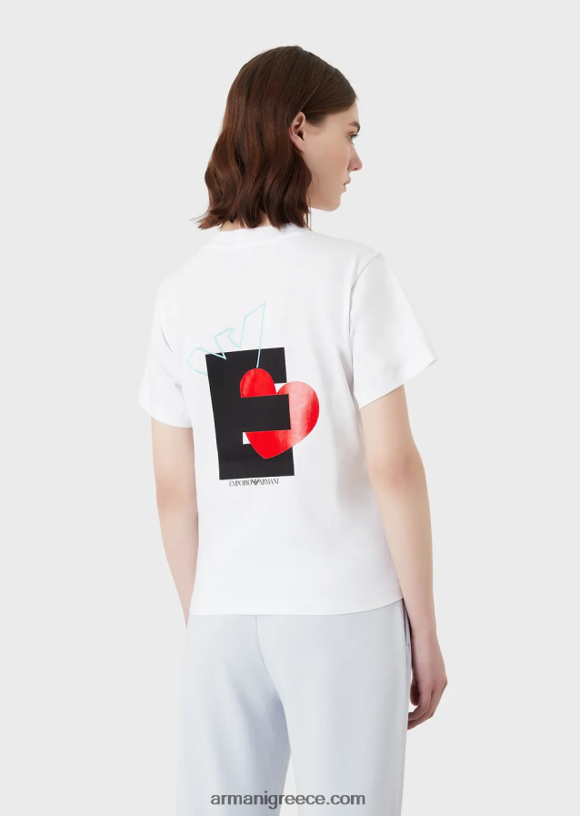 γυναίκες Armani βιολογικό μπλουζάκι ελαστικό ζέρσεϊ με υπερμεγέθη e patch και στάμπα 4046R6465 άσπρο