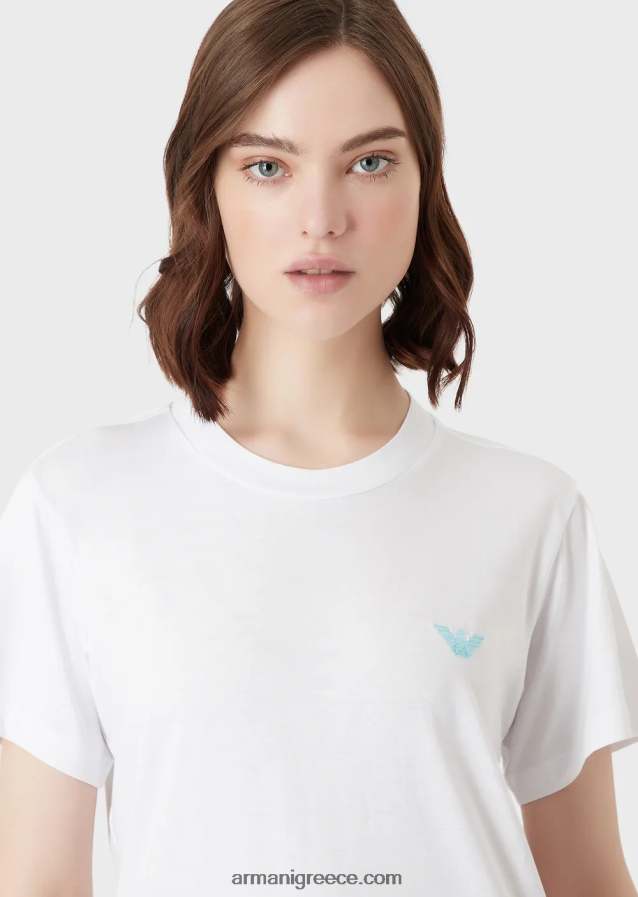γυναίκες Armani βιολογικό μπλουζάκι ελαστικό ζέρσεϊ με υπερμεγέθη e patch και στάμπα 4046R6465 άσπρο