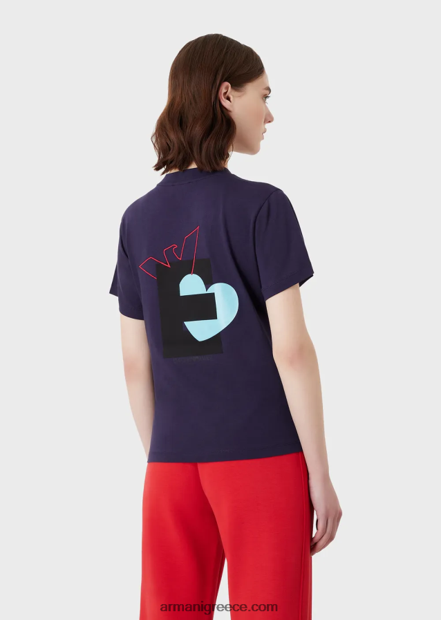γυναίκες Armani βιολογικό μπλουζάκι ελαστικό ζέρσεϊ με υπερμεγέθη e patch και στάμπα 4046R6466 μωβ