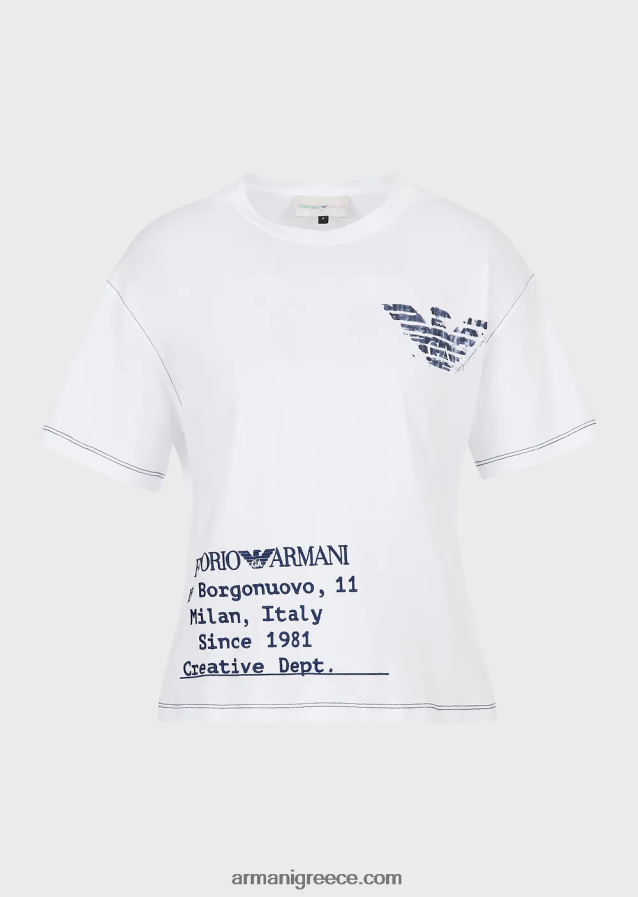 γυναίκες Armani ελαφρύ μπλουζάκι ζέρσεϊ συλλογής mare capsule με κέντημα με λογότυπο και αετό μπατίκ 4046R6433 άσπρο