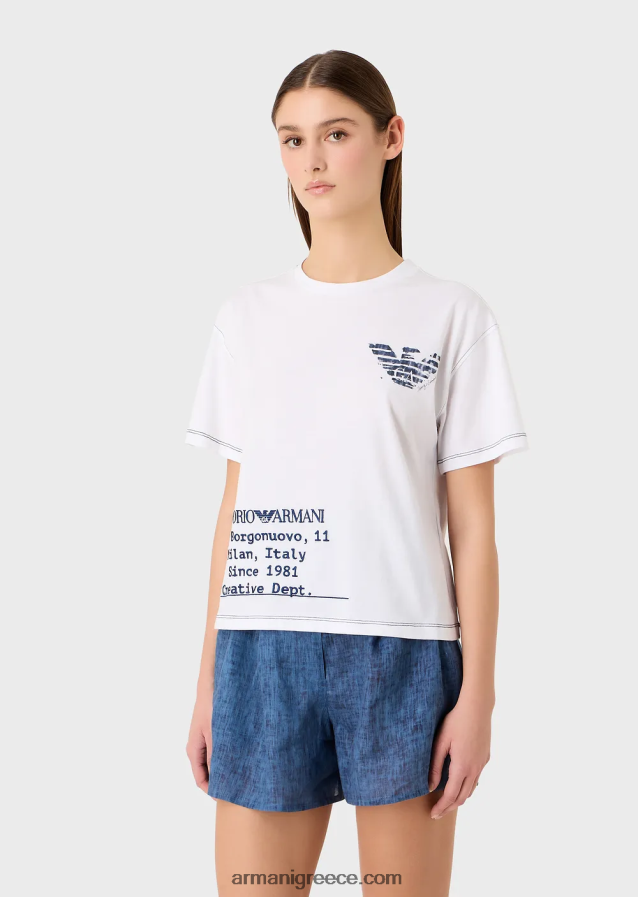 γυναίκες Armani ελαφρύ μπλουζάκι ζέρσεϊ συλλογής mare capsule με κέντημα με λογότυπο και αετό μπατίκ 4046R6433 άσπρο