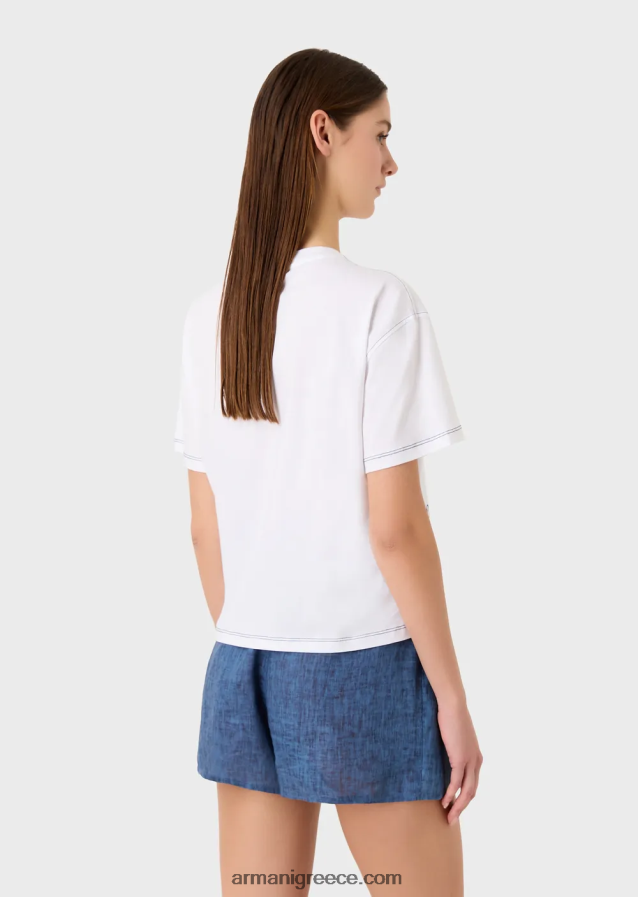 γυναίκες Armani ελαφρύ μπλουζάκι ζέρσεϊ συλλογής mare capsule με κέντημα με λογότυπο και αετό μπατίκ 4046R6433 άσπρο