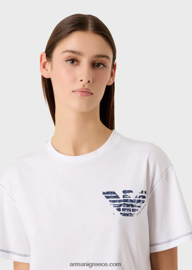 γυναίκες Armani ελαφρύ μπλουζάκι ζέρσεϊ συλλογής mare capsule με κέντημα με λογότυπο και αετό μπατίκ 4046R6433 άσπρο