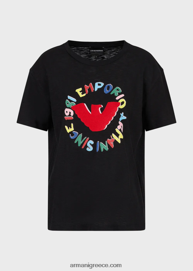 γυναίκες Armani μπλουζάκι slub-jersey με στάμπα αετού και κέντημα 4046R6441 μαύρος