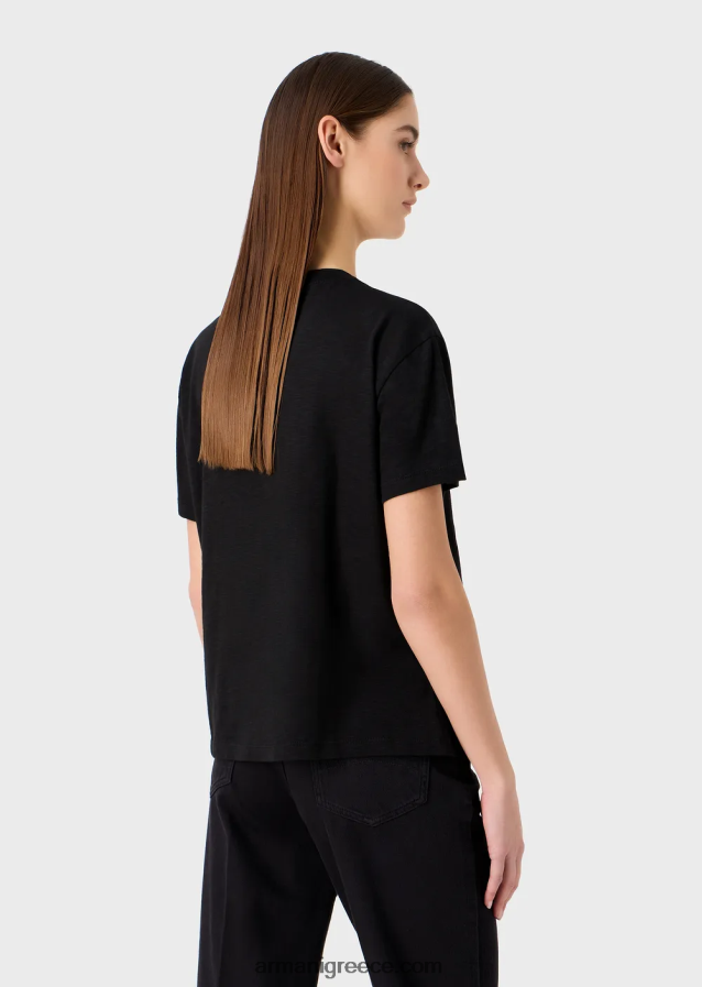 γυναίκες Armani μπλουζάκι slub-jersey με στάμπα αετού και κέντημα 4046R6441 μαύρος