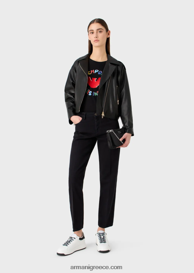 γυναίκες Armani μπλουζάκι slub-jersey με στάμπα αετού και κέντημα 4046R6441 μαύρος