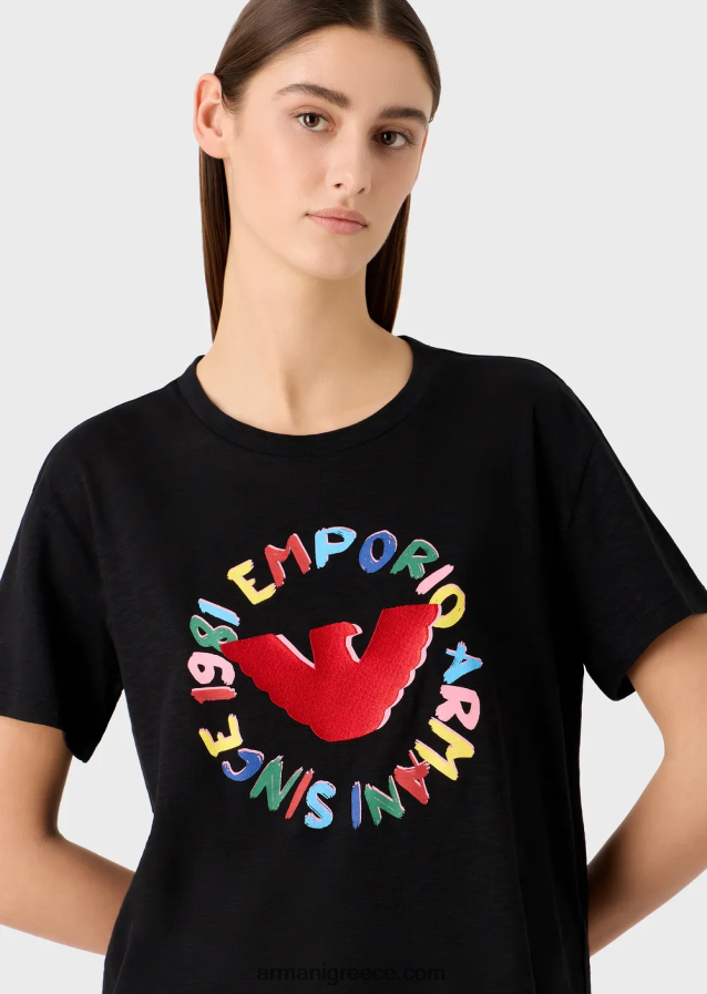 γυναίκες Armani μπλουζάκι slub-jersey με στάμπα αετού και κέντημα 4046R6441 μαύρος