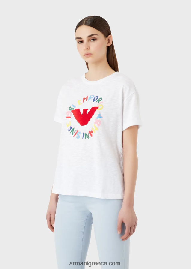 γυναίκες Armani μπλουζάκι slub-jersey με στάμπα αετού και κέντημα 4046R6442 άσπρο