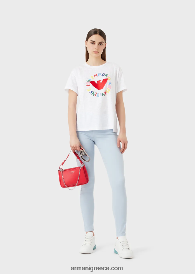 γυναίκες Armani μπλουζάκι slub-jersey με στάμπα αετού και κέντημα 4046R6442 άσπρο